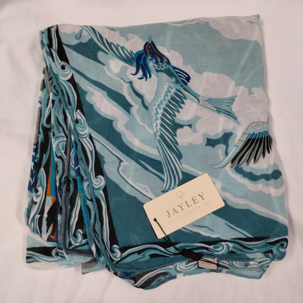 Jayley Cashmere Blend Wrap Scarf Blue Ocean Sky Print